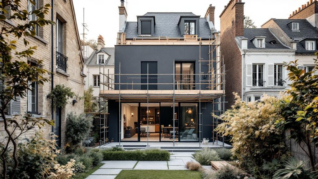 Extension de maison en construction dans un jardin de centre-ville, enjeux PLU et voisinage