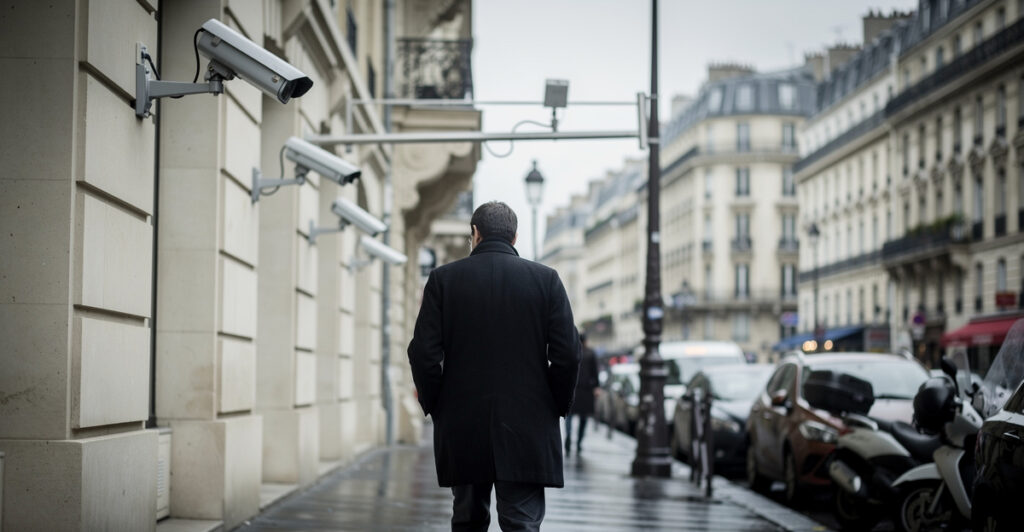 Homme marchant seul dans une rue francaise sous des cameras de videosurveillance