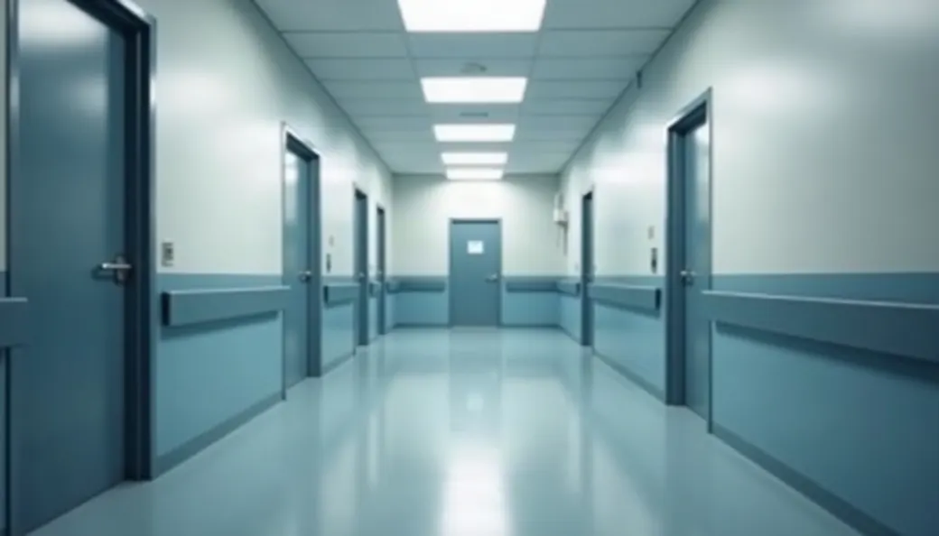 Couloir d’hôpital vide aux murs nus, portes fermées et sol réfléchissant