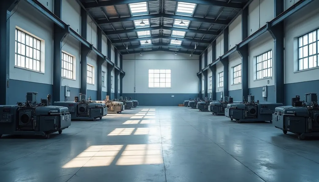 Atelier industriel désert, machines à l’arrêt et sol de béton
