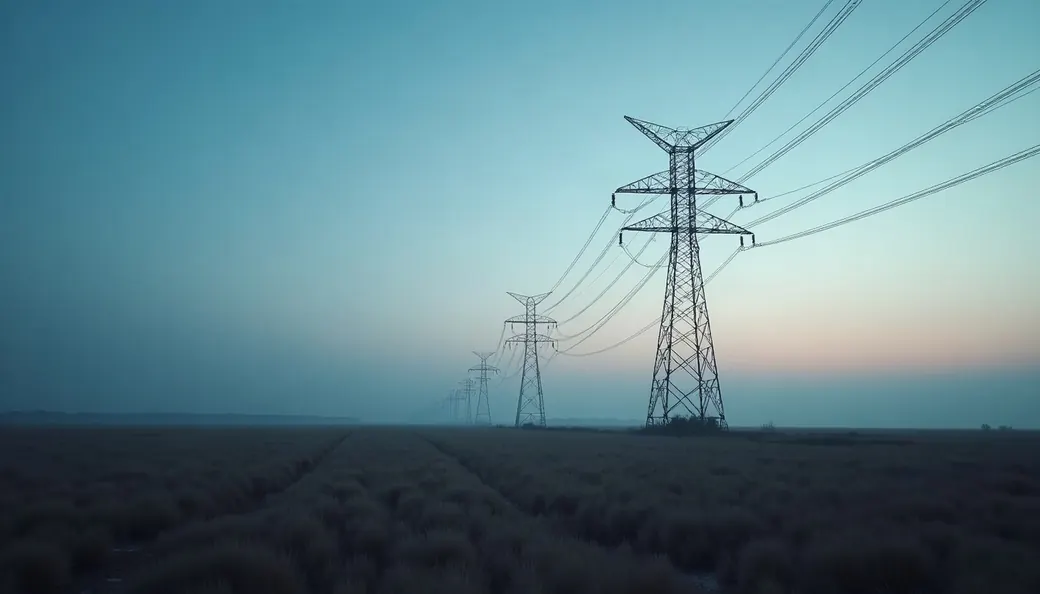 Pylônes électriques haute tension dans une plaine au crépuscule