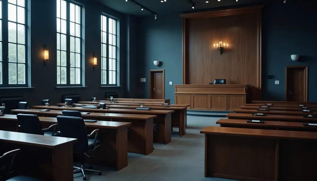 Salle d’audience vide du tribunal correctionnel, vue depuis le banc de la défense