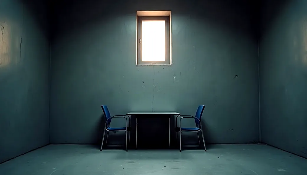Parloir d’établissement pénitentiaire, table et deux chaises sous une fenêtre