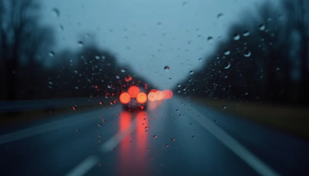 Route de nuit sous la pluie vue depuis un pare-brise, feux arrière d’un véhicule