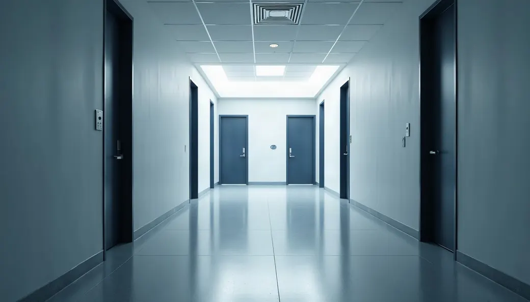 Couloir administratif vide bordé de portes fermées, bâtiment public