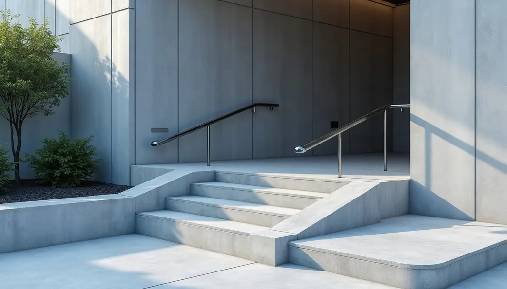 Rampe d’accès en béton et main courante devant l’entrée d’un bâtiment moderne