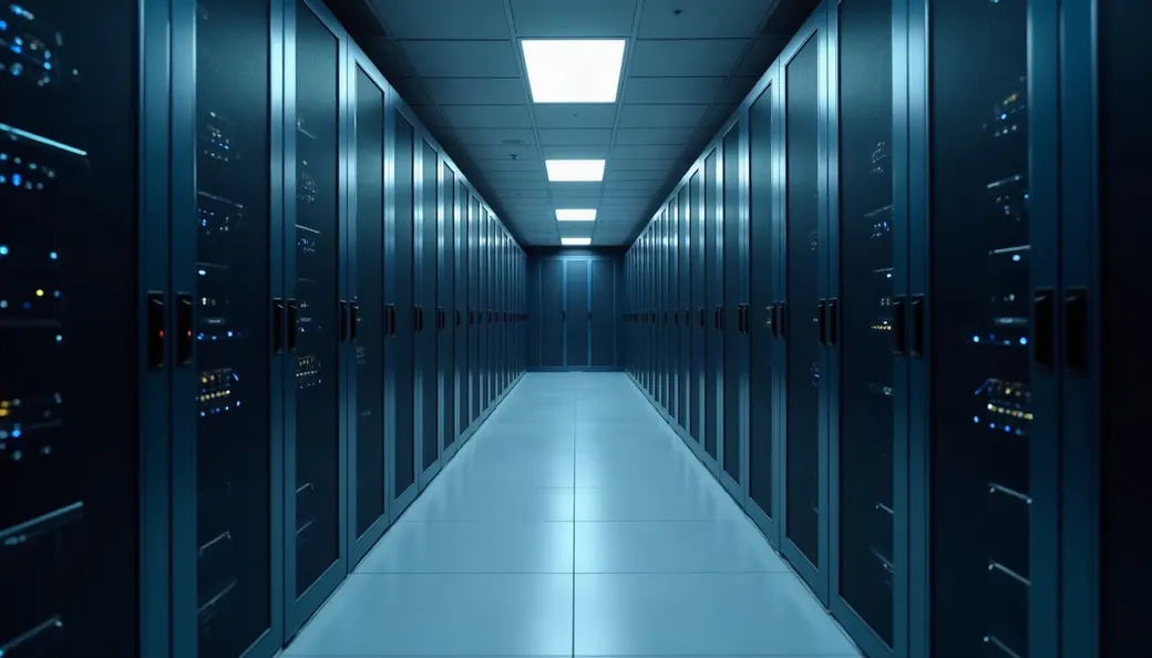 Allée de baies informatiques dans un centre de données, voyants bleus