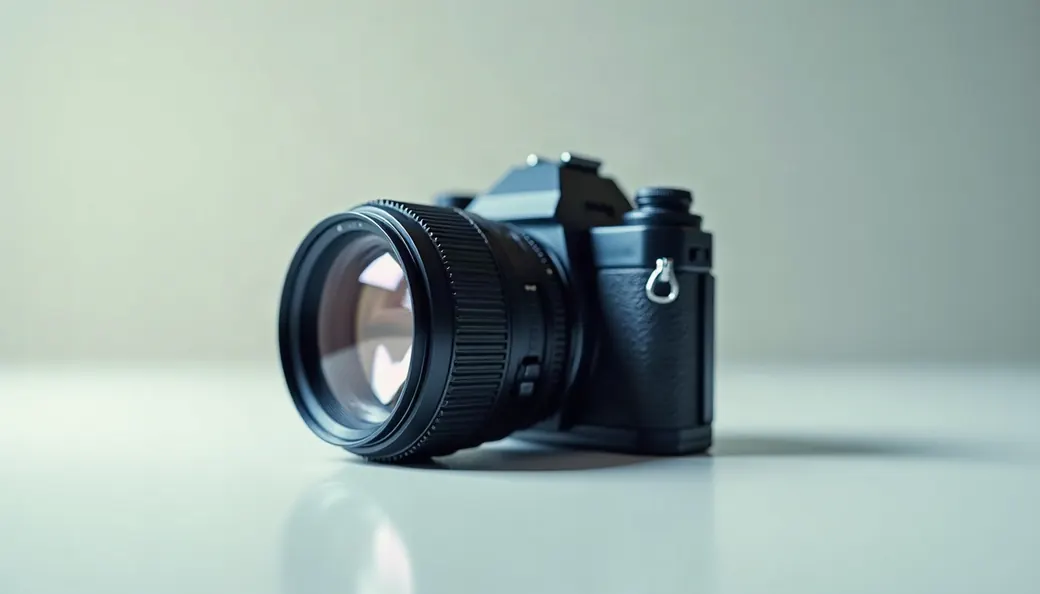 Appareil photo reflex posé sur une surface claire, objectif tourné de côté