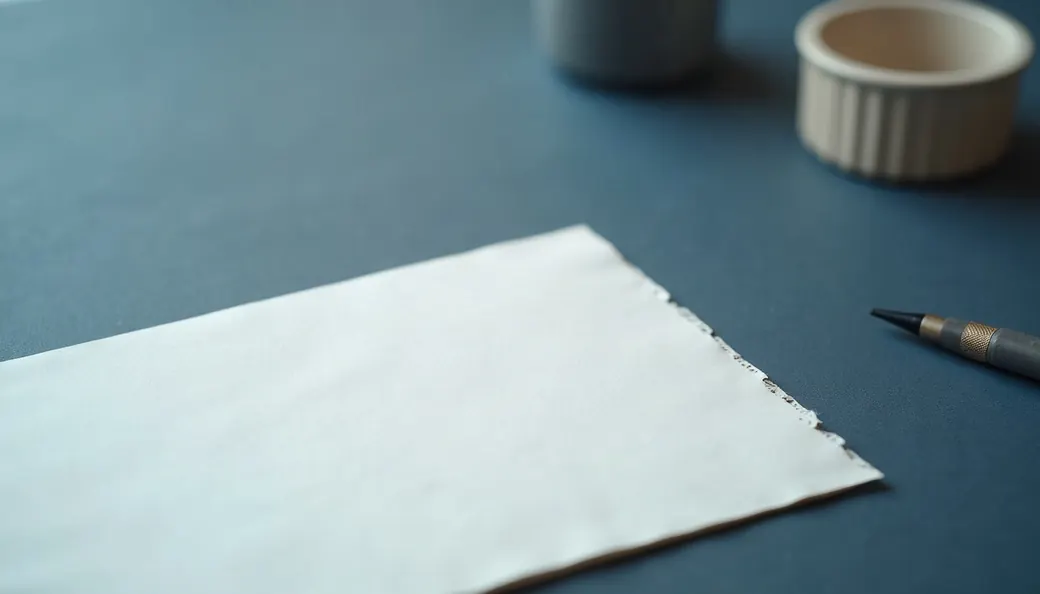 Feuille de papier vierge posée sur un bureau bleu, effacement des traces