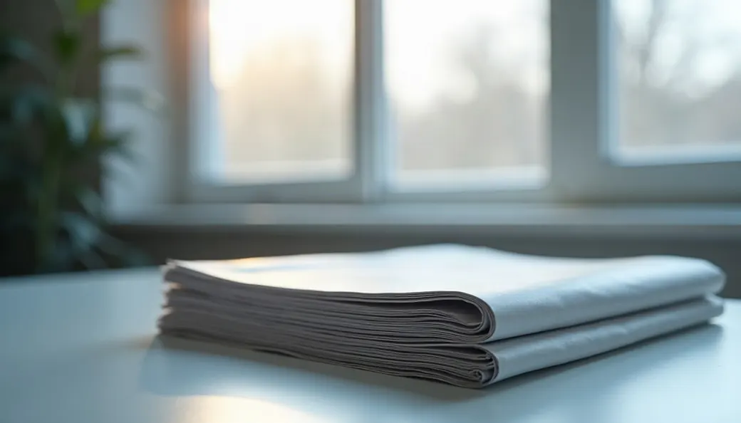 Journaux pliés posés sur un bureau clair près d’une fenêtre, presse écrite