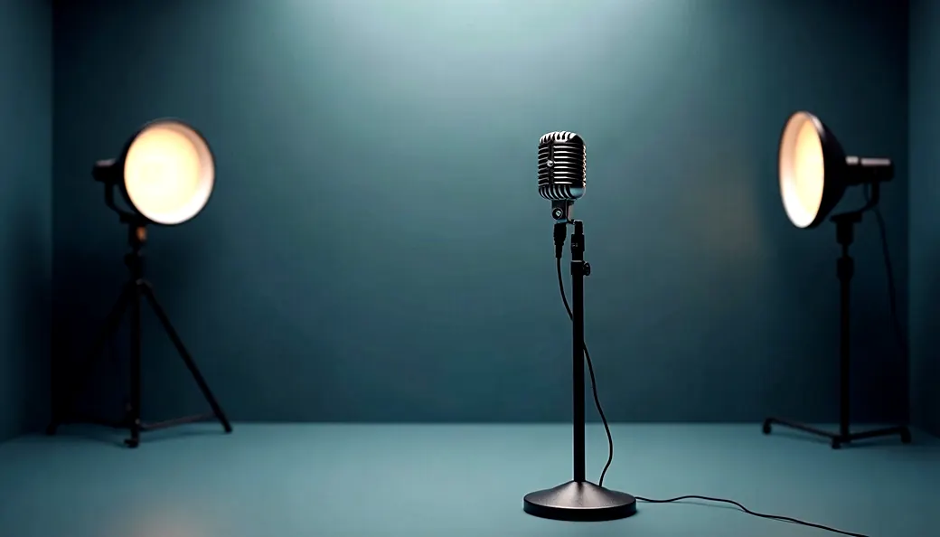 Micro de studio sur pied dans une salle d’enregistrement vide, prise de parole publique