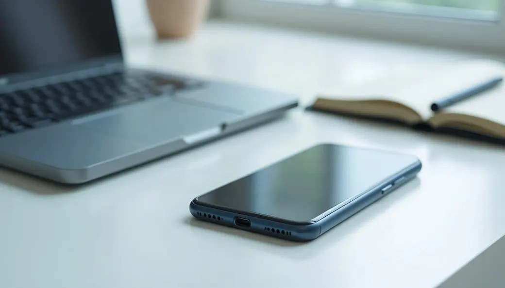 Téléphone mobile posé sur un bureau clair à côté d’un ordinateur portable
