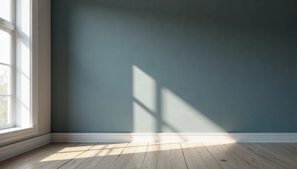 Appartement vide aux murs nus, lumière traversant la fenêtre sur le parquet