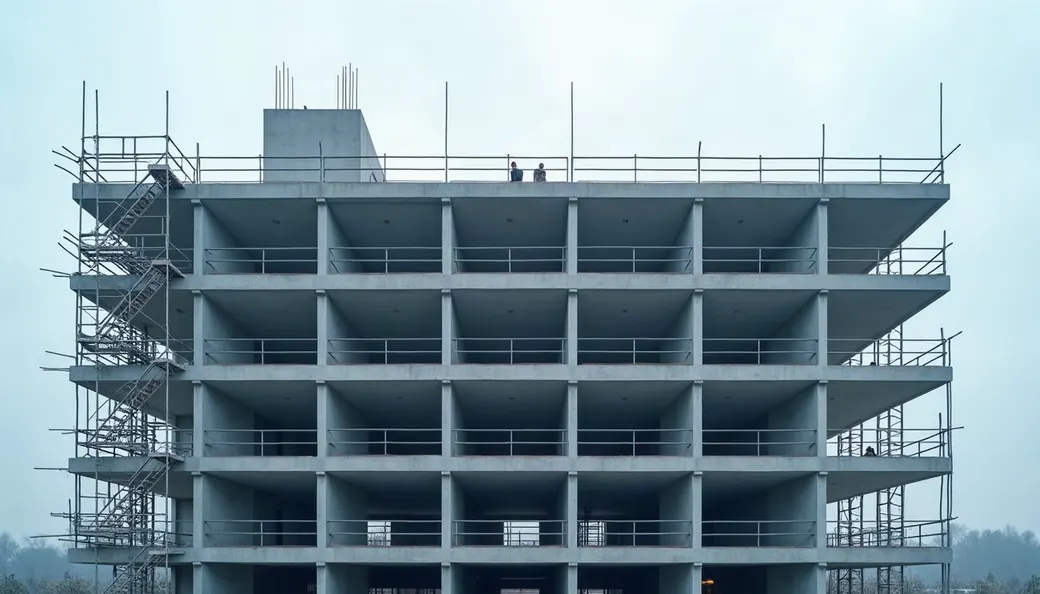 Immeuble en construction, structure de béton et échafaudages sous un ciel couvert