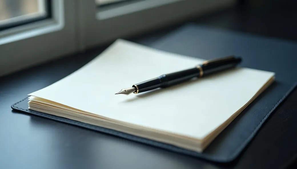 Stylo plume posé sur des feuilles vierges dans un porte-documents, rédaction de contrat
