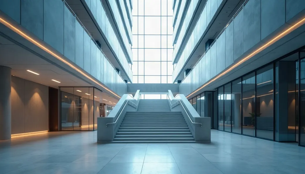 Hall d’immeuble de bureaux moderne, escalier et verrière, conseil aux entreprises