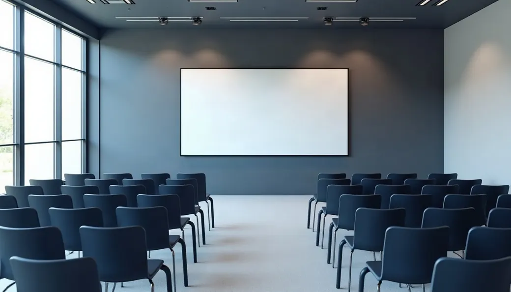 Salle de formation vide, rangées de chaises face à un écran de projection
