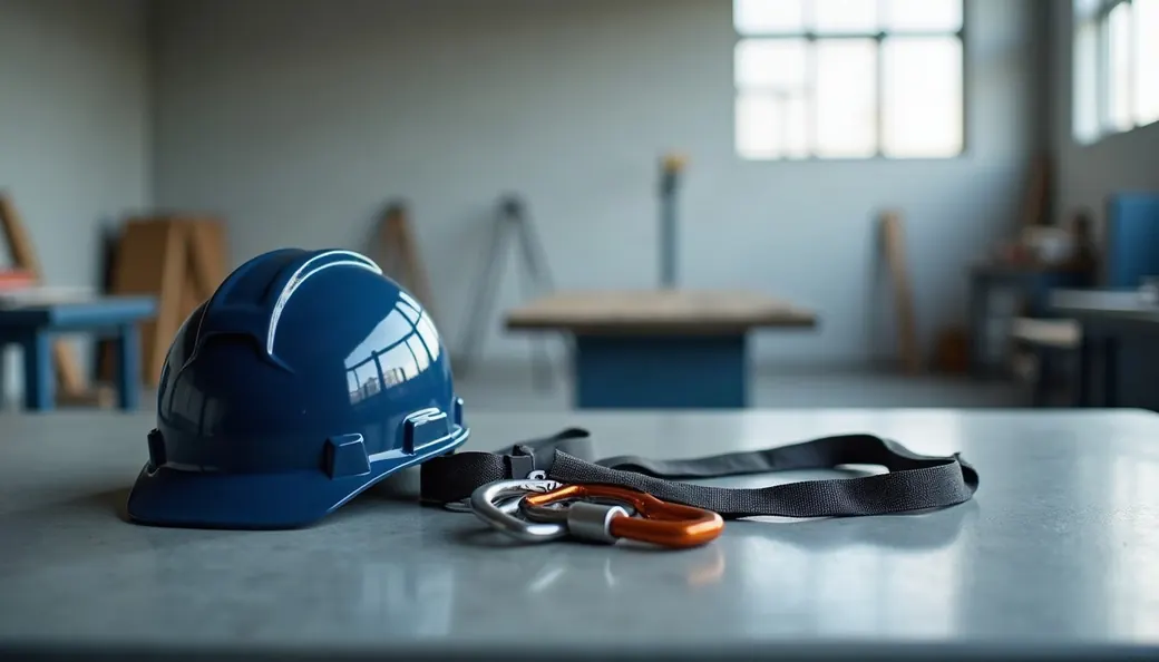 Casque de chantier et harnais de sécurité posés sur un établi, équipements de protection