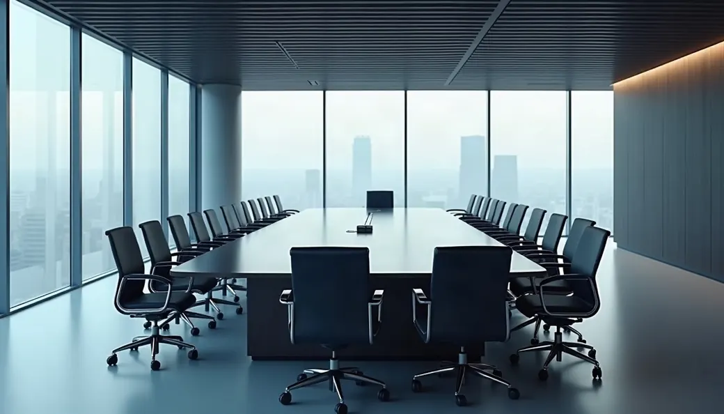 Salle de réunion d’entreprise vide, longue table et sièges, réunion du CSE