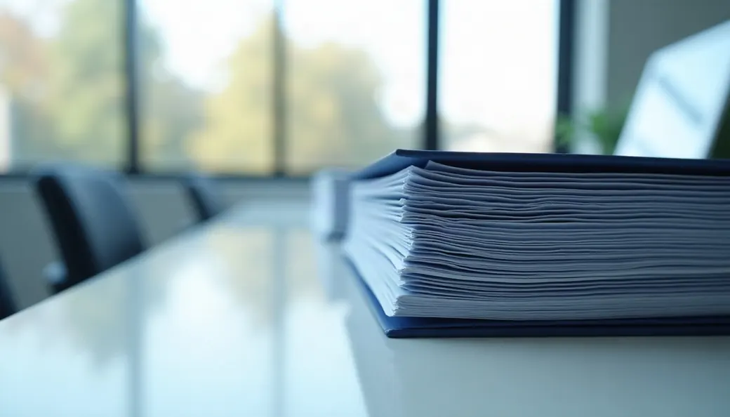 Dossier administratif épais posé sur un bureau clair, contentieux de la sécurité sociale