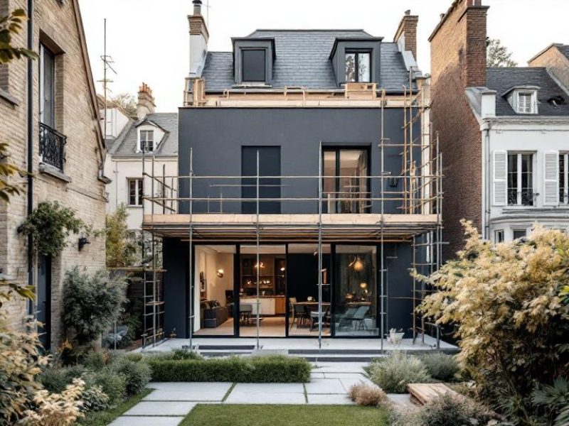Extension de maison en construction dans un jardin de centre-ville, enjeux PLU et voisinage